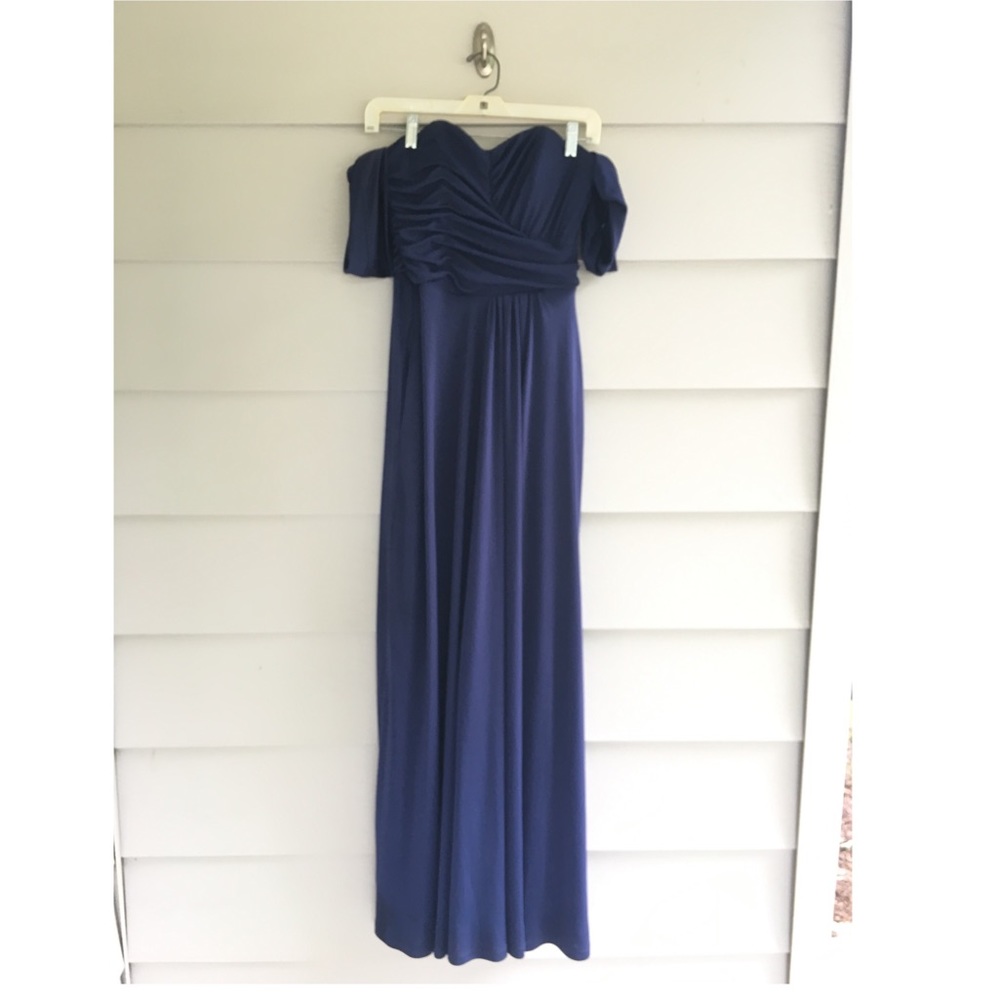 Deep blue bridesmaid dress — sleeves off-shoulder